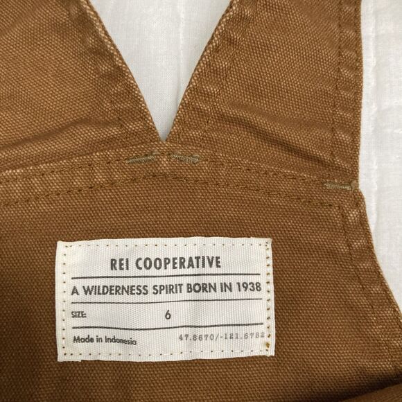 REI Co-Op Trailsmith Bib Camp Overalls Womens 6 Walrus Brown Canvas Double Knee - Picture 7 of 8